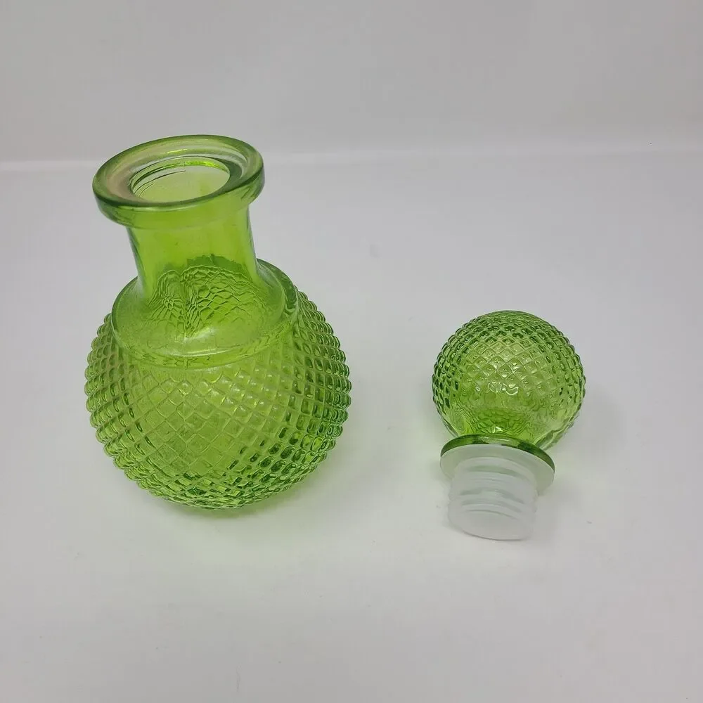 Vintage MCM Green Glass Genie Bottle Decanter Diamond Cut Textured 1970s